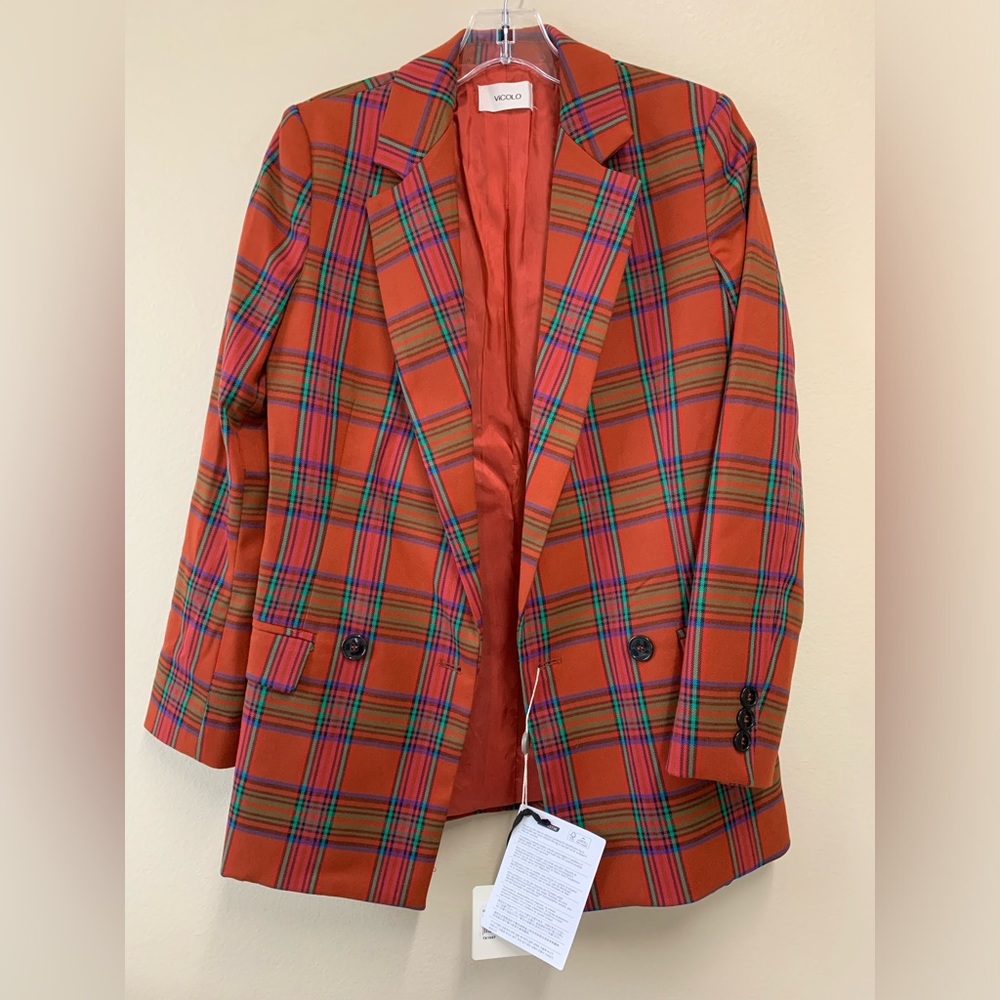 Brand new with tags Vicolo Orange Plaid Clueless style skirt suit blazer set S M